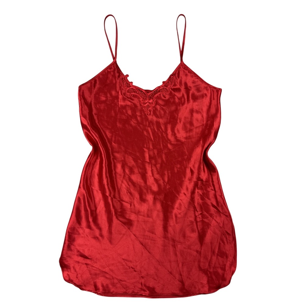 Vintage Slip Dress Womens Small Red Satin Slit BabyDoll Coquette Intimates 1990s